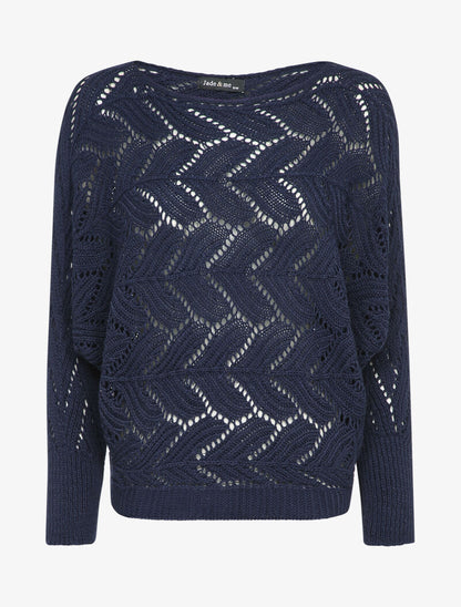 Pull ajouré à col bateau et manches dolman - Marine - 1
