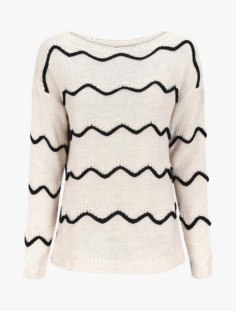 Pull à col bateau et rayures style vagues - Beige - 1