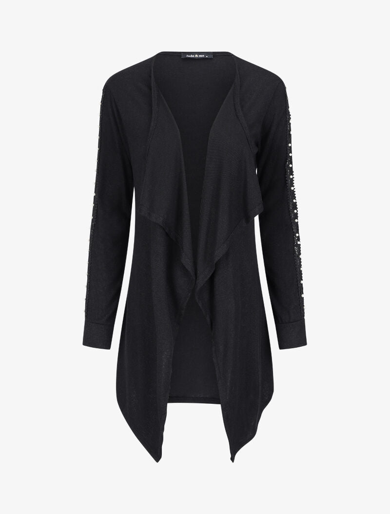 Gilet à manches en dentelle ajourée et perlées - Noir - 4