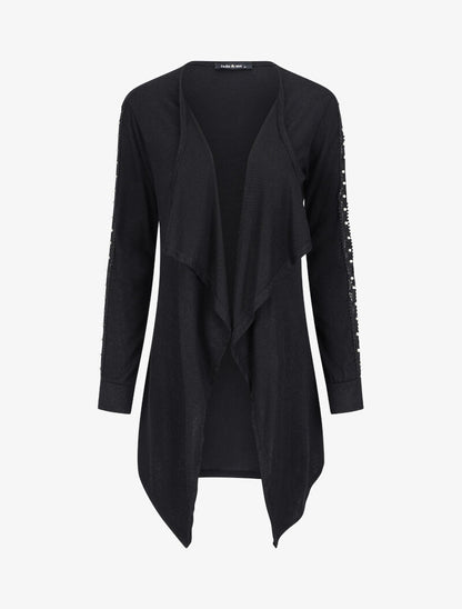 Gilet à manches en dentelle ajourée et perlées - Noir - 4