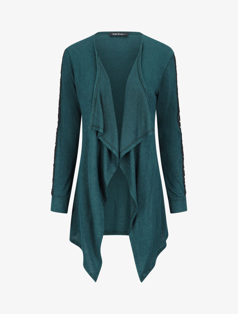Gilet à manches en dentelle ajourée et perlées - Vert foncé - 1