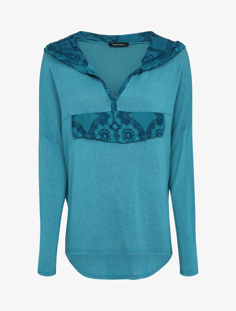 Pull fin à capuche et rabat décoratif en dentelle - Turquoise - 4