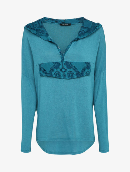 Pull fin à capuche et rabat décoratif en dentelle - Turquoise - 4