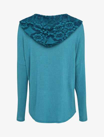 Pull fin à capuche et rabat décoratif en dentelle - Turquoise - 2