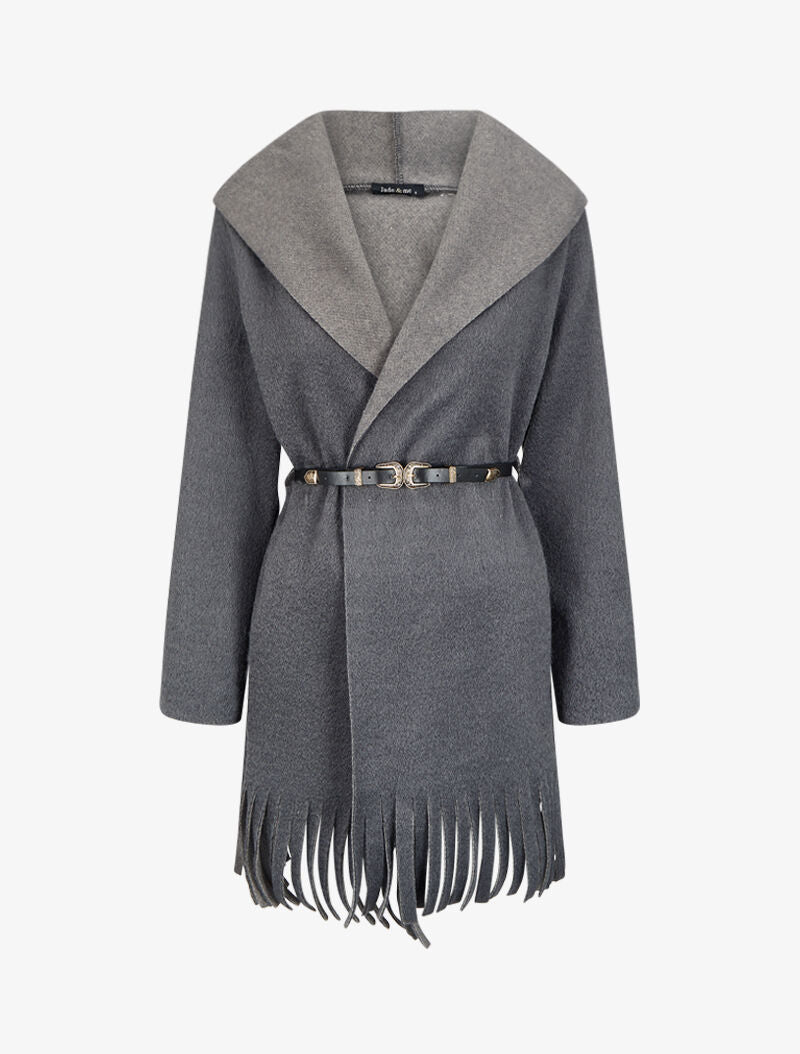 Manteau à capuche à bord à franges - Gris foncé - 4