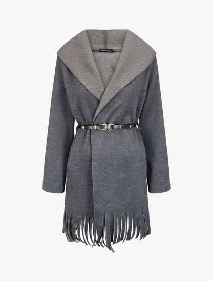 Manteau à capuche à bord à franges - Gris foncé - 4