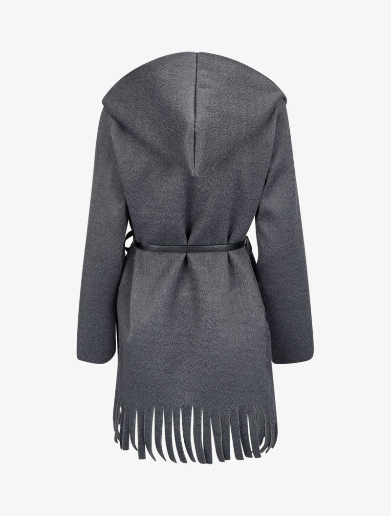 Manteau à capuche à bord à franges - Gris foncé - 2