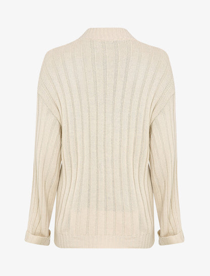 Pull oversize côtelé à manches à revers - Beige - 2