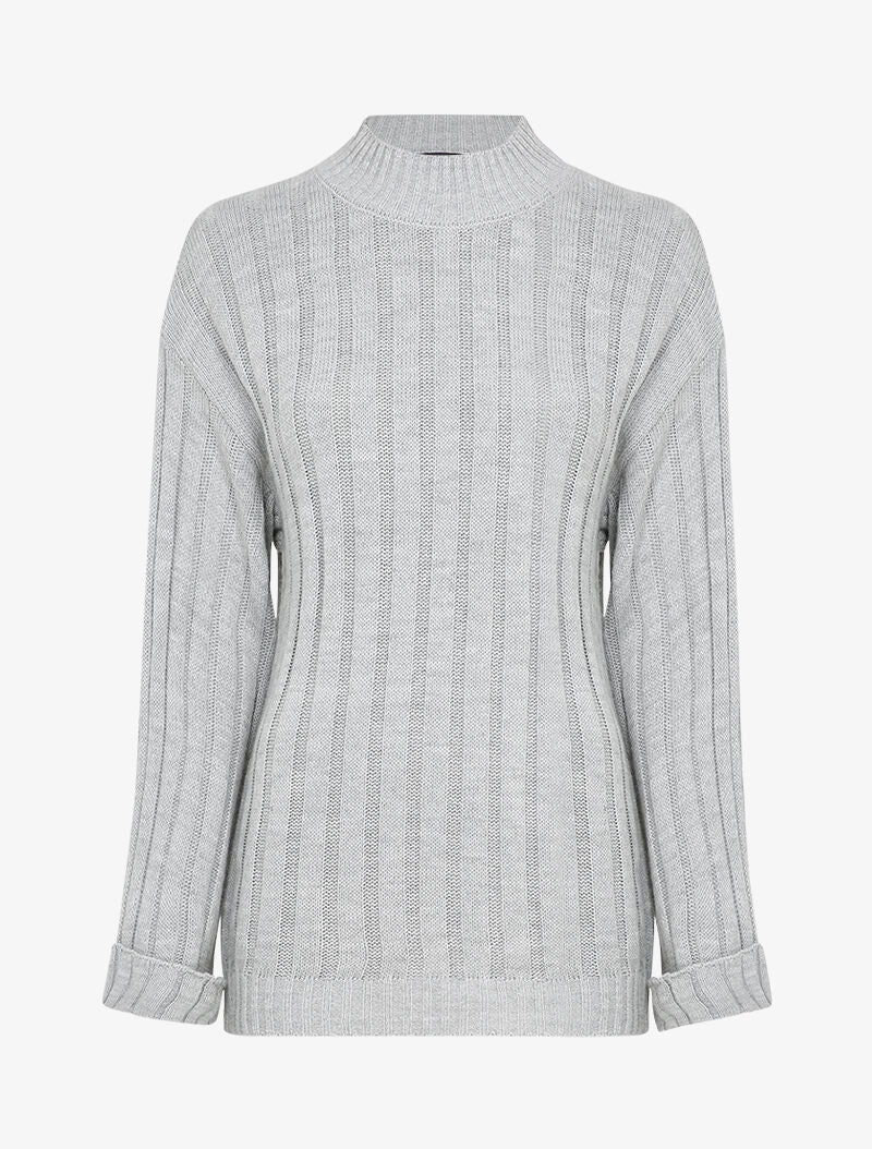 Pull oversize côtelé à manches à revers - Gris clair - 1