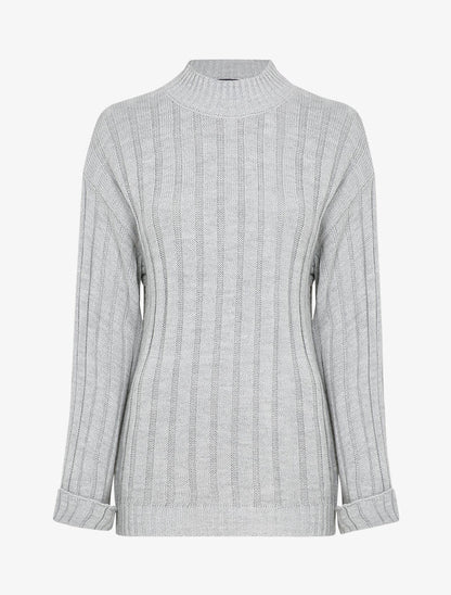 Pull oversize côtelé à manches à revers - Gris clair - 1