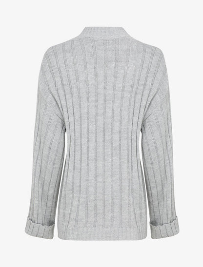 Pull oversize côtelé à manches à revers - Gris clair - 2