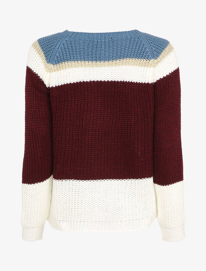 Pull à manches raglan et motifs rayés - Bleu/bordeaux - 2