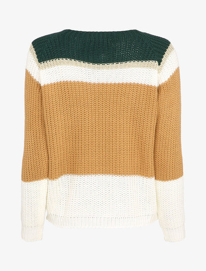 Pull à manches raglan et motifs rayés - Vert sapin/camel - 2