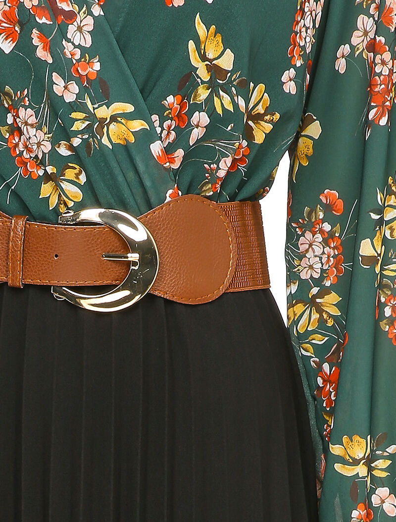 Robe longue à plis accordéon et imprimé floral - Vert - 3