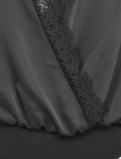 Body satiné à bords en dentelle - Noir - 3