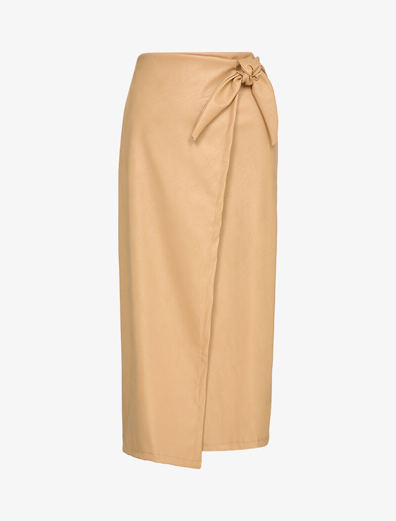 Jupe longue portefeuille en simili - Beige - 1