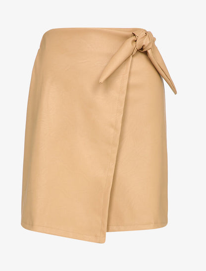 Mini-jupe portefeuille en simili - Beige - 4