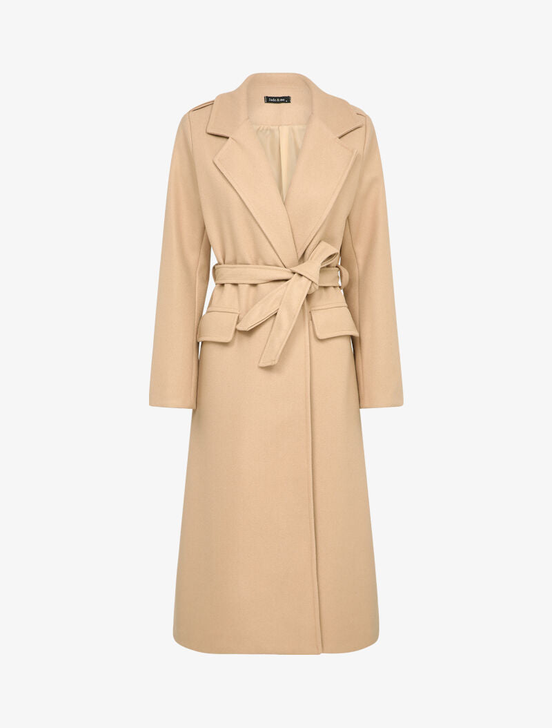 Manteau long uni avec ceinture - Beige - 1