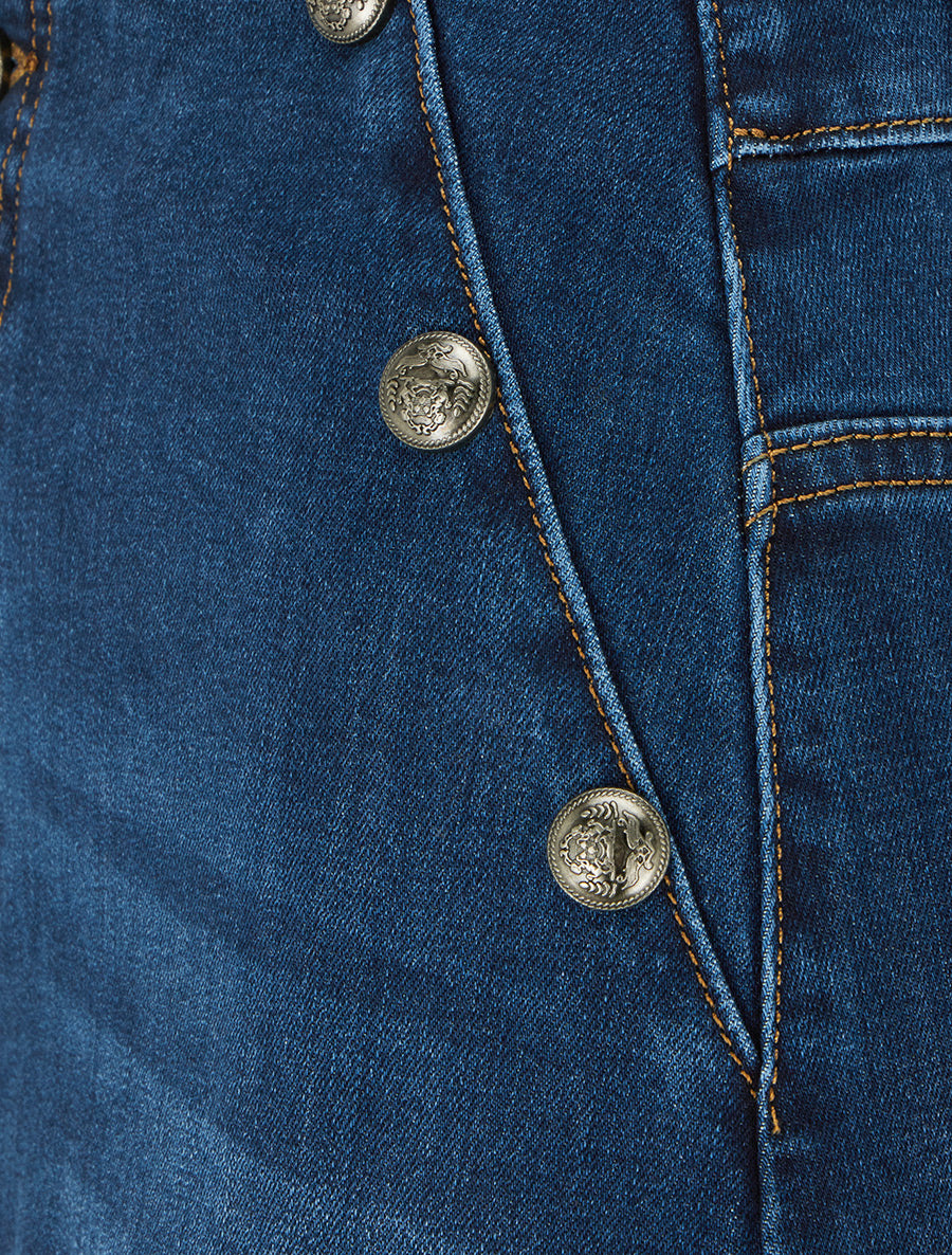 Jupe longue fendue à boutons décoratifs - Bleu - 3
