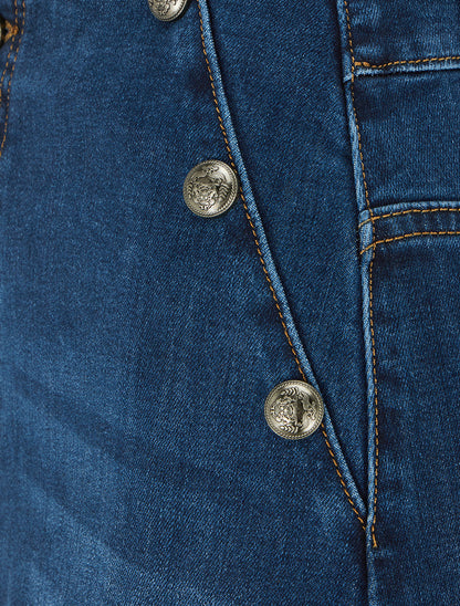 Jupe longue fendue à boutons décoratifs - Bleu - 3