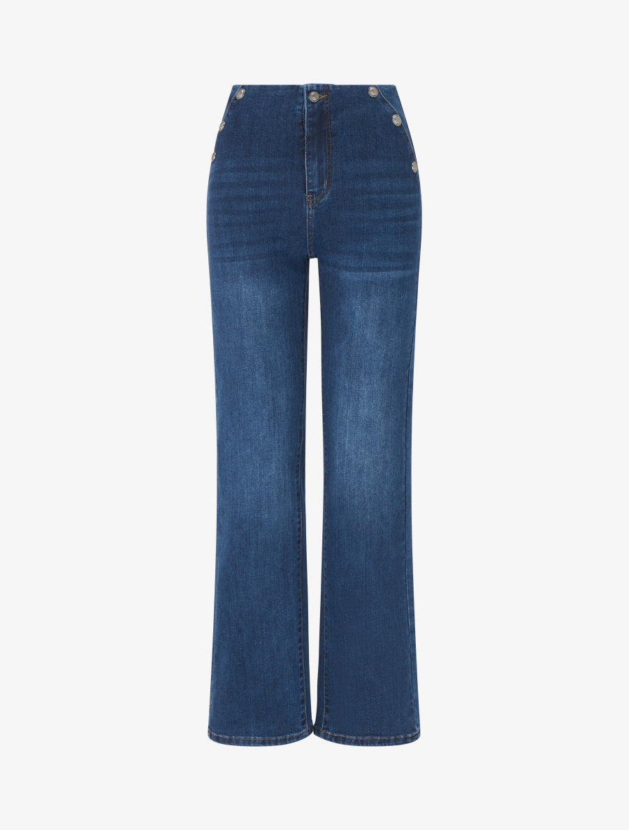 Jean taille basse à boutons décoratifs coupe droite - Bleu - 1