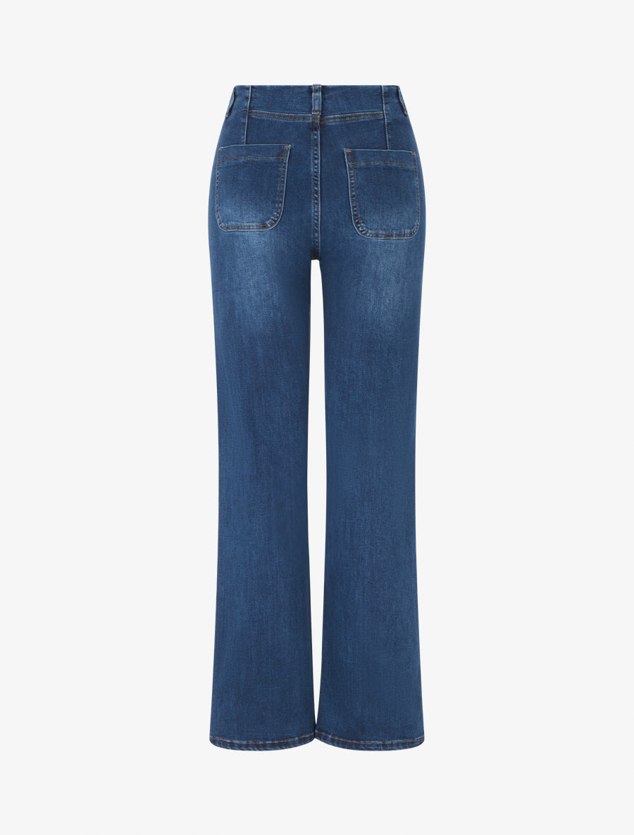 Jean taille basse à boutons décoratifs coupe droite - Bleu - 2