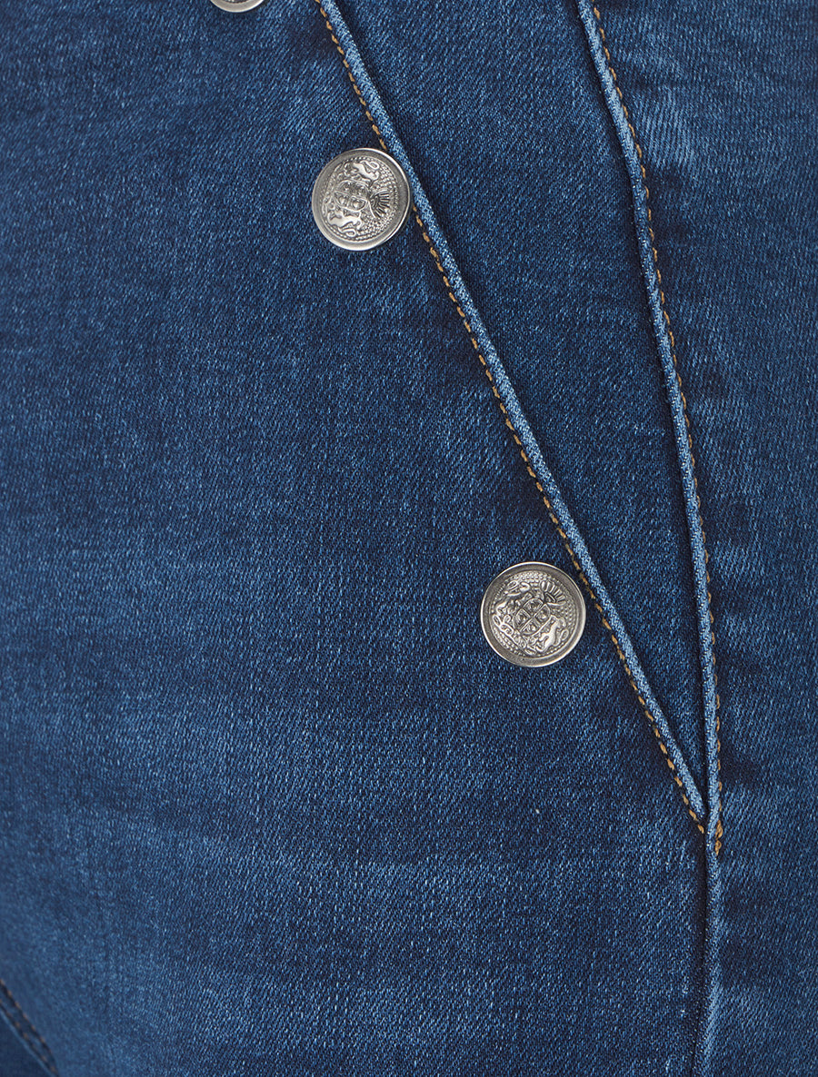 Jean taille basse à boutons décoratifs coupe droite - Bleu - 3