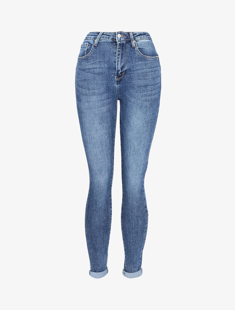 Jean push-up taille haute à coutures contrastantes - Bleu denim - 1