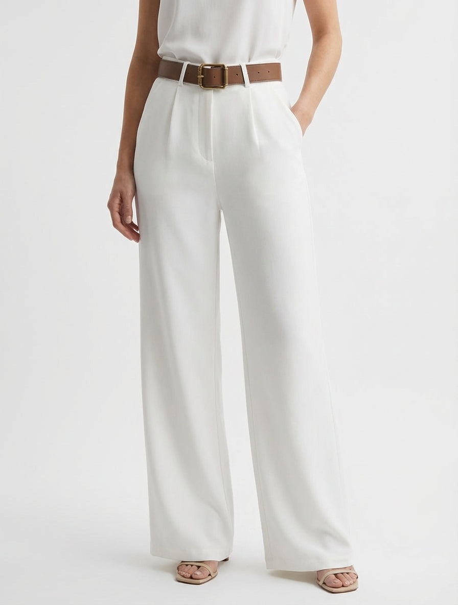 Pantalon taille haute coupe ample - Écru