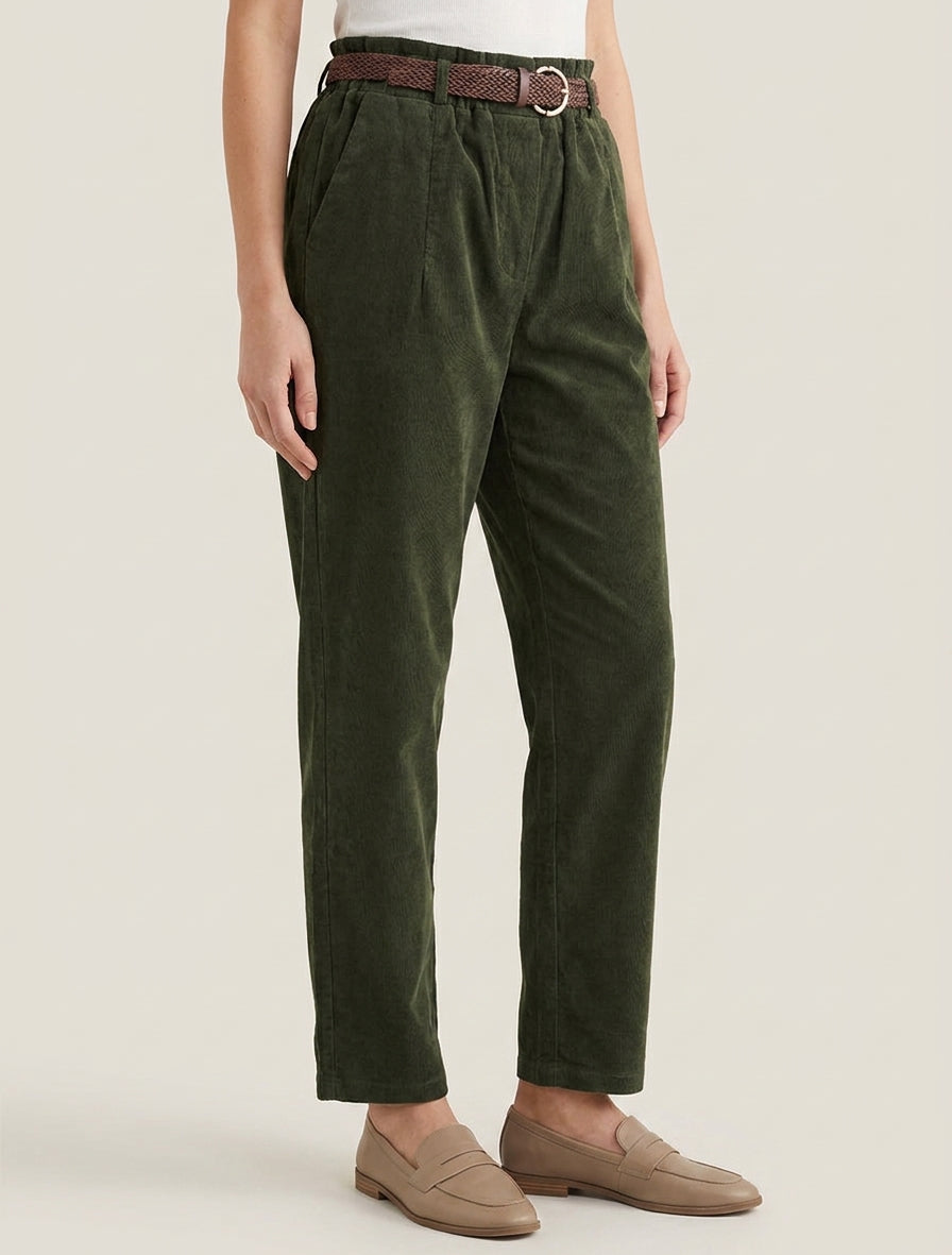 Pantalon style paper bag effet velours côtelé - Kaki