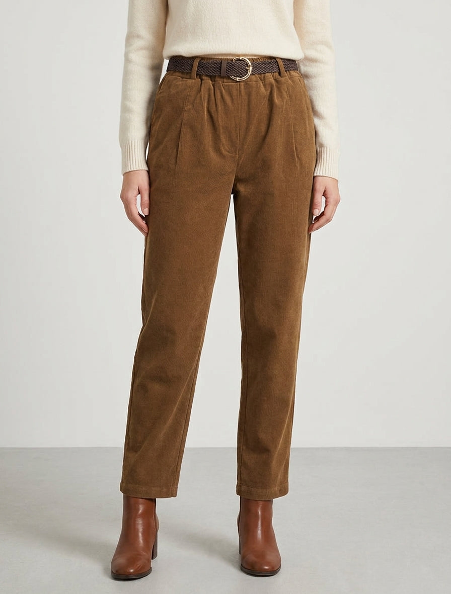 Pantalon style paper bag effet velours côtelé - Camel