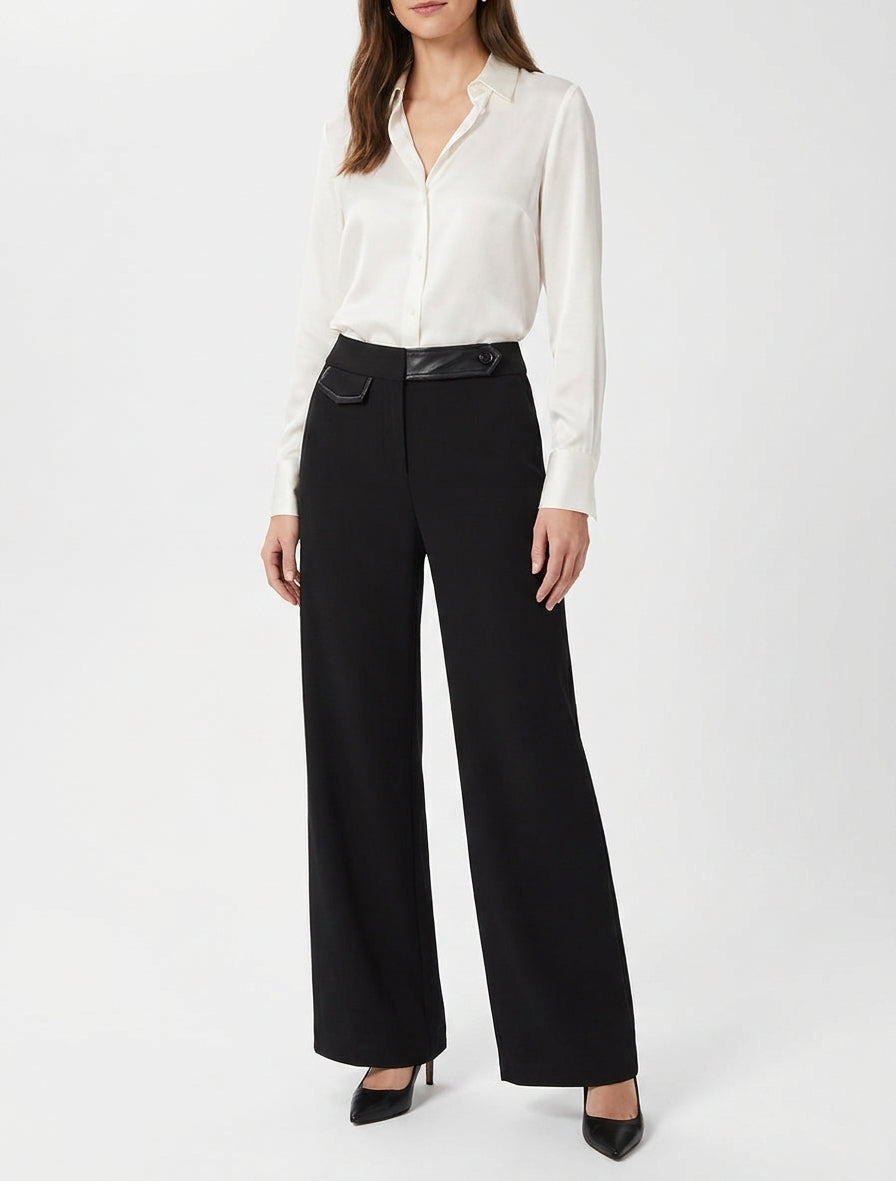 Hoge taille wijde broek met imitatiedetail - Zwart