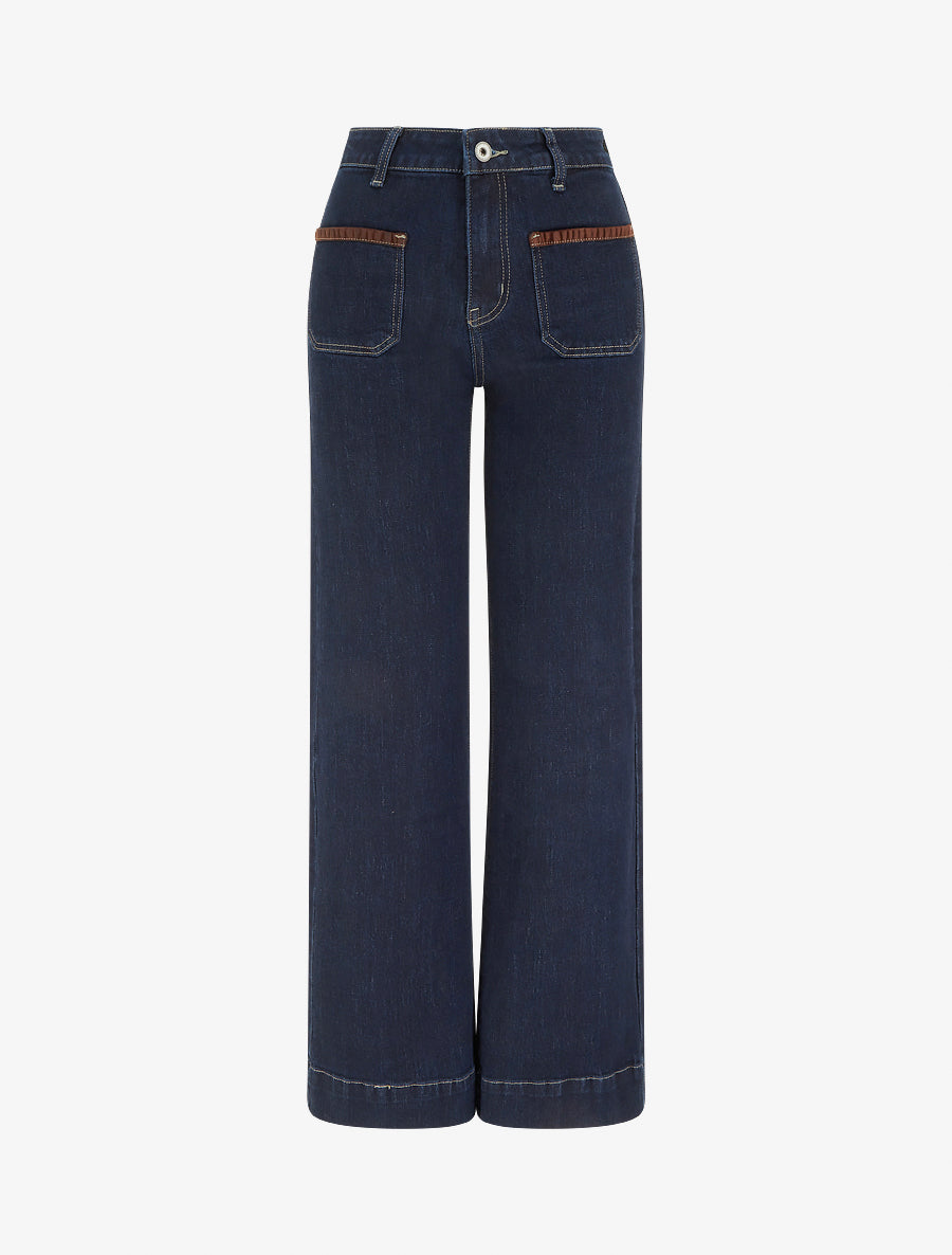 Jean à détail suédine coupe wide leg - Bleu brut - 1