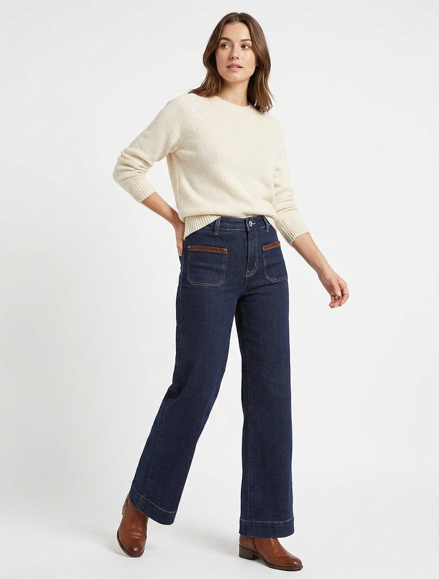 Jean met suèdine details en wide leg snit - Ongerept blauw