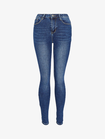 Jean skinny délavé à bords à revers - Bleu denim - 4