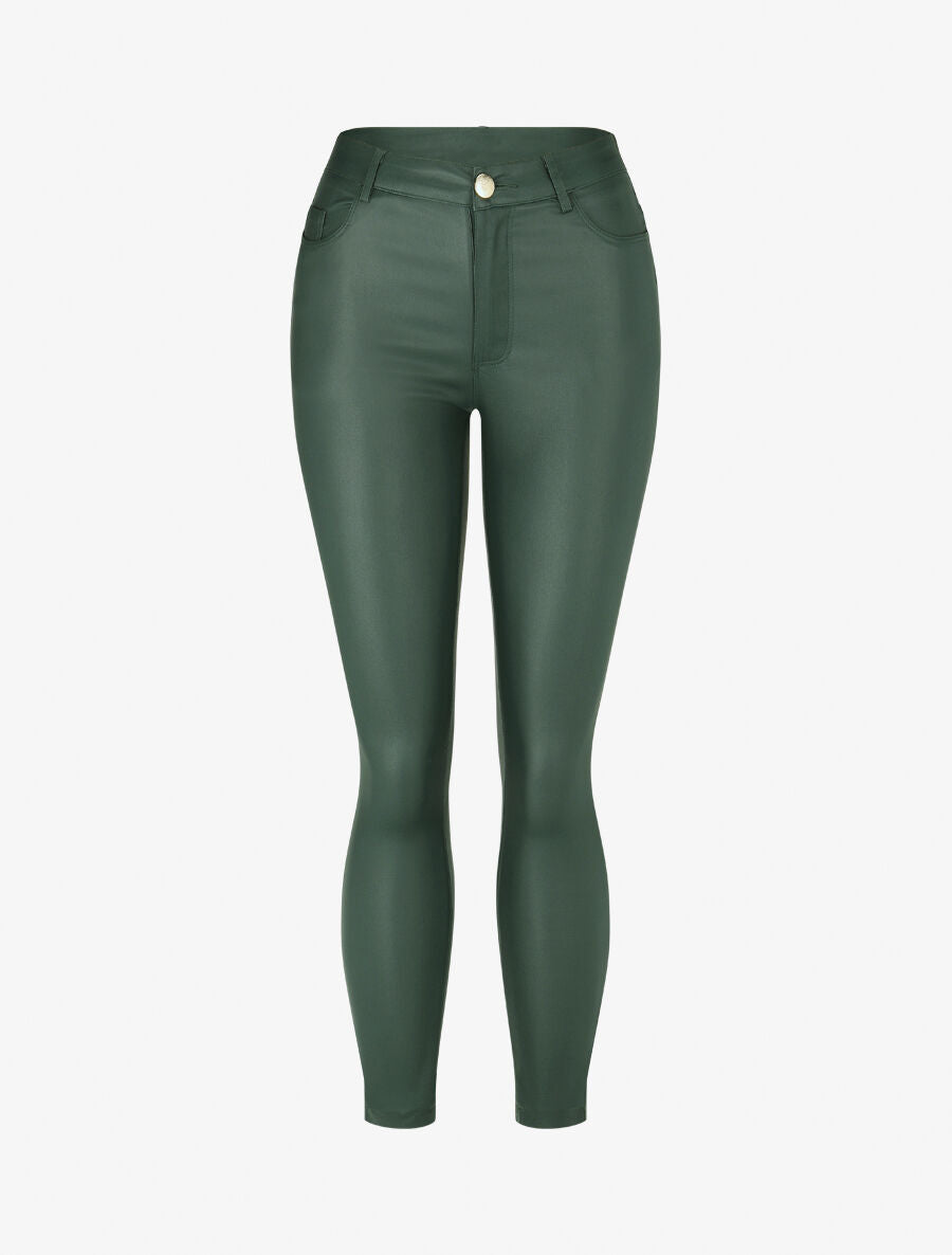 Jean skinny taille standard effet ciré - Vert foncé - 1