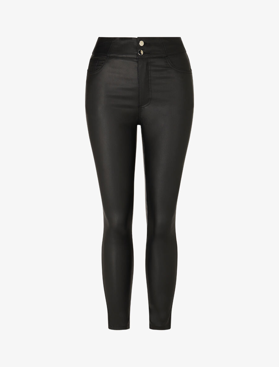 Pantalon uni en simili à 2 boutons - Noir - 4