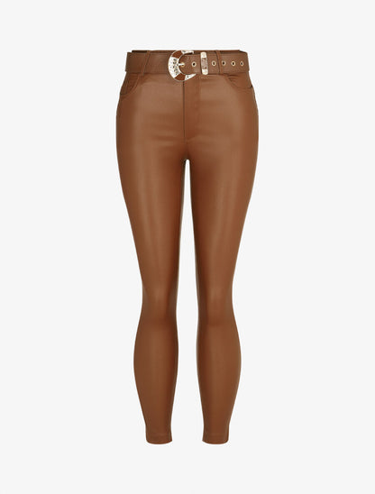 Pantalon uni en simili ceinturé - Camel - 5