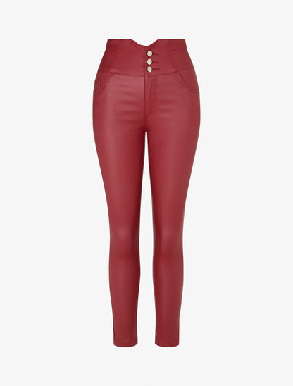Pantalon uni en simili à 3 boutons - Bordeaux - 1