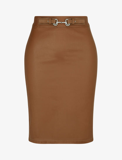 Jupe droite fendue en simili - Camel - 5