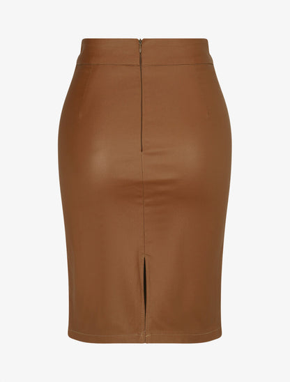 Jupe droite fendue en simili - Camel - 2