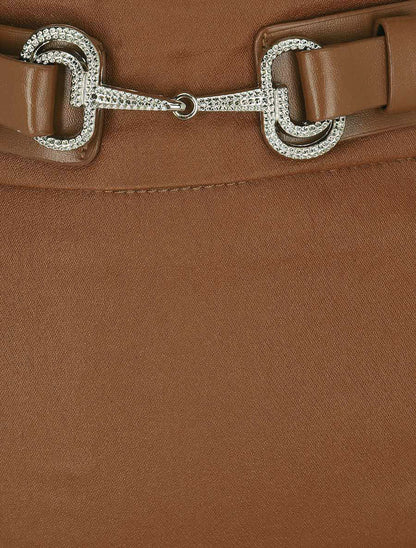 Jupe droite fendue en simili - Camel - 3