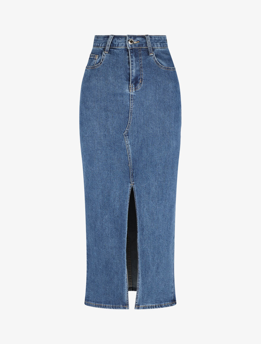 Denim kokerrok met split - blauw