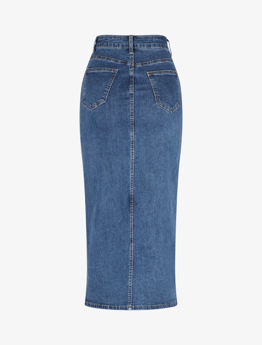 Denim kokerrok met split - blauw