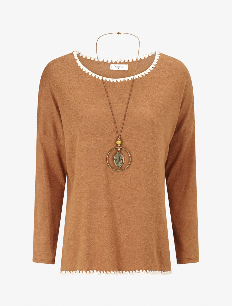 Pull fin uni à bords brodés - Camel - 1