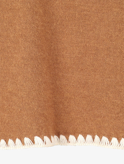 Pull fin uni à bords brodés - Camel - 3