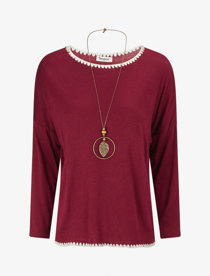 Pull fin uni à bords brodés - Lie de vin - 1