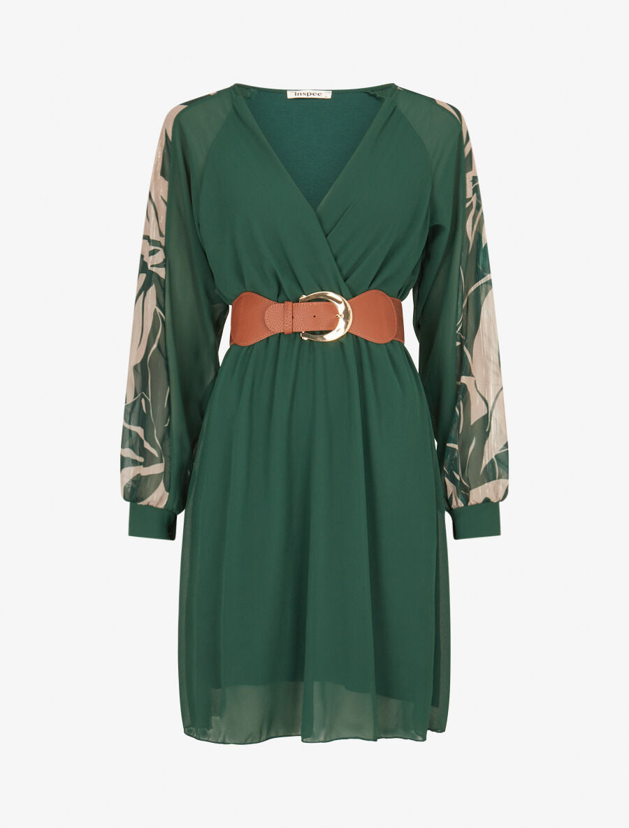 Robe patineuse à manches imprimées - Vert sapin - 1