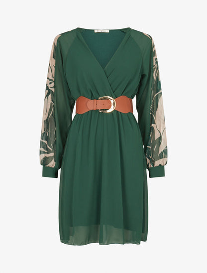 Robe patineuse à manches imprimées - Vert sapin - 1