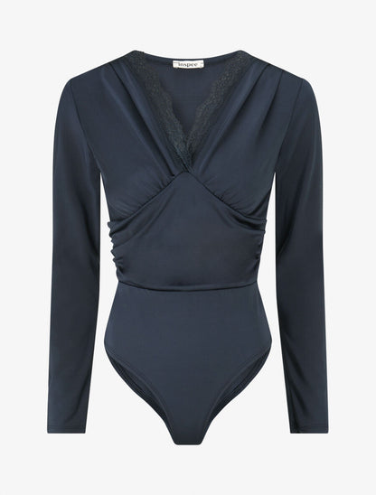 Body à détail dentelle et ventre plissé - Marine - 1